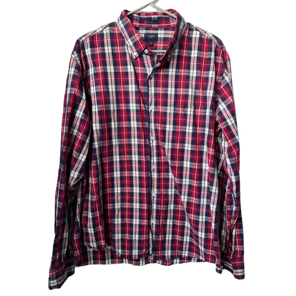 JCREW Red Blue White Plaid Long Sleeve Button-down Cotton Shirt Size: XL Slim